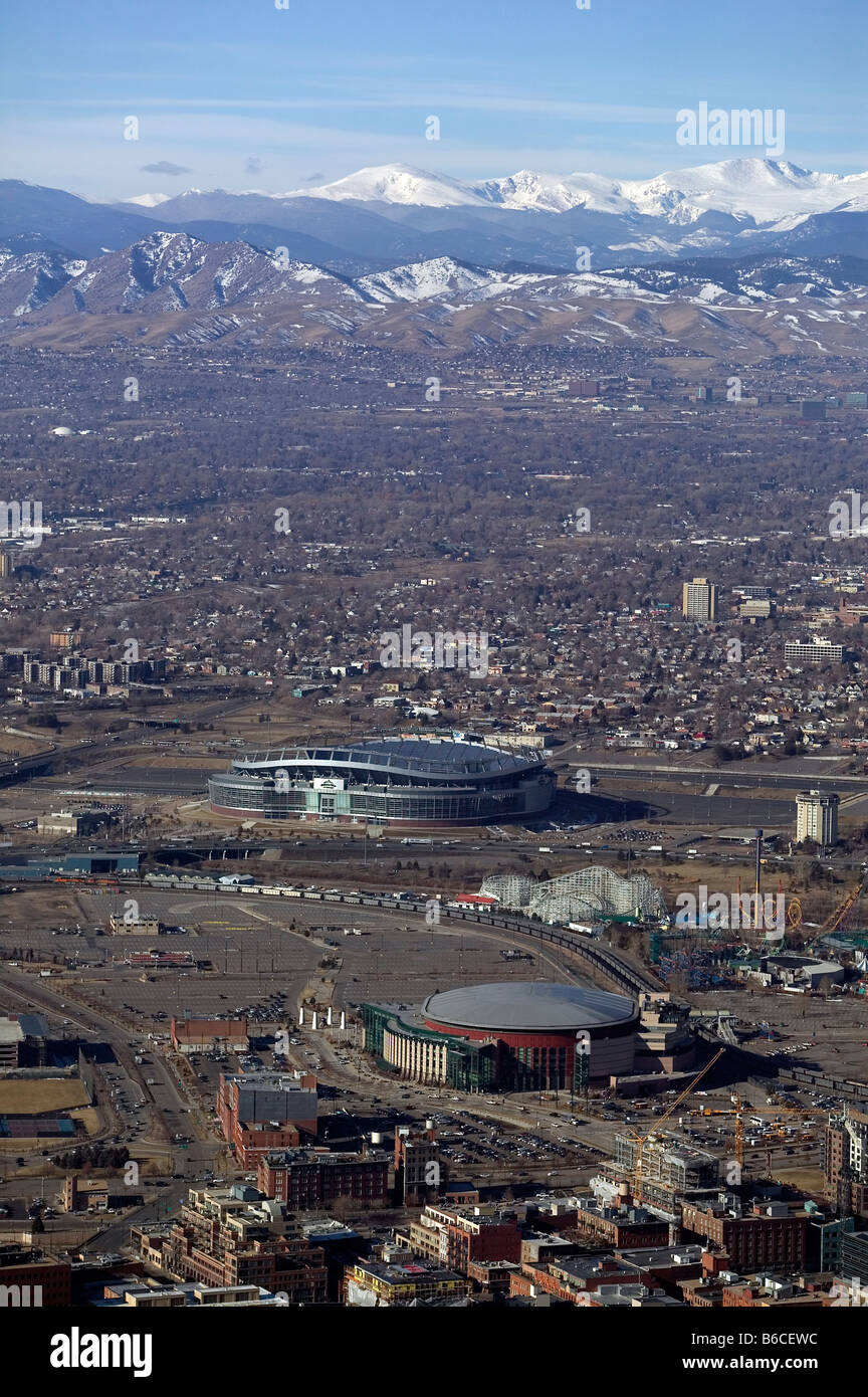 aerial view of Mile High Stadium Denver home of Denver Broncos with Rocky mountains in background Stock Photo