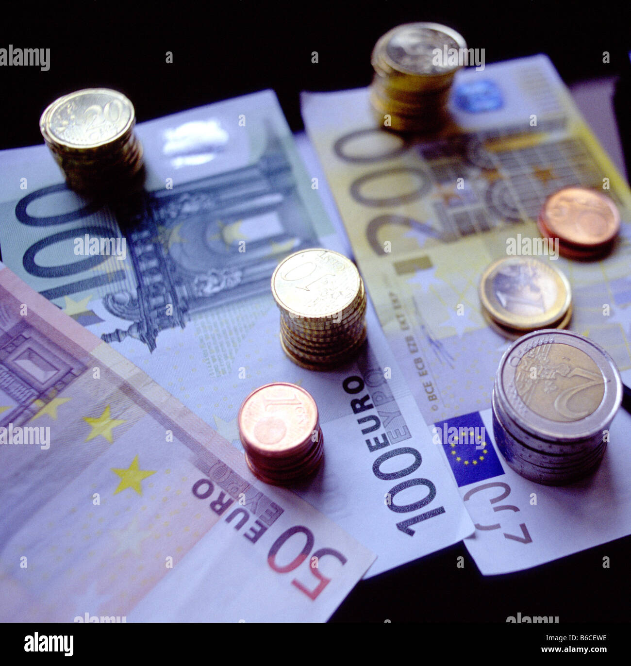 Euro bank note & coins. Stock Photo