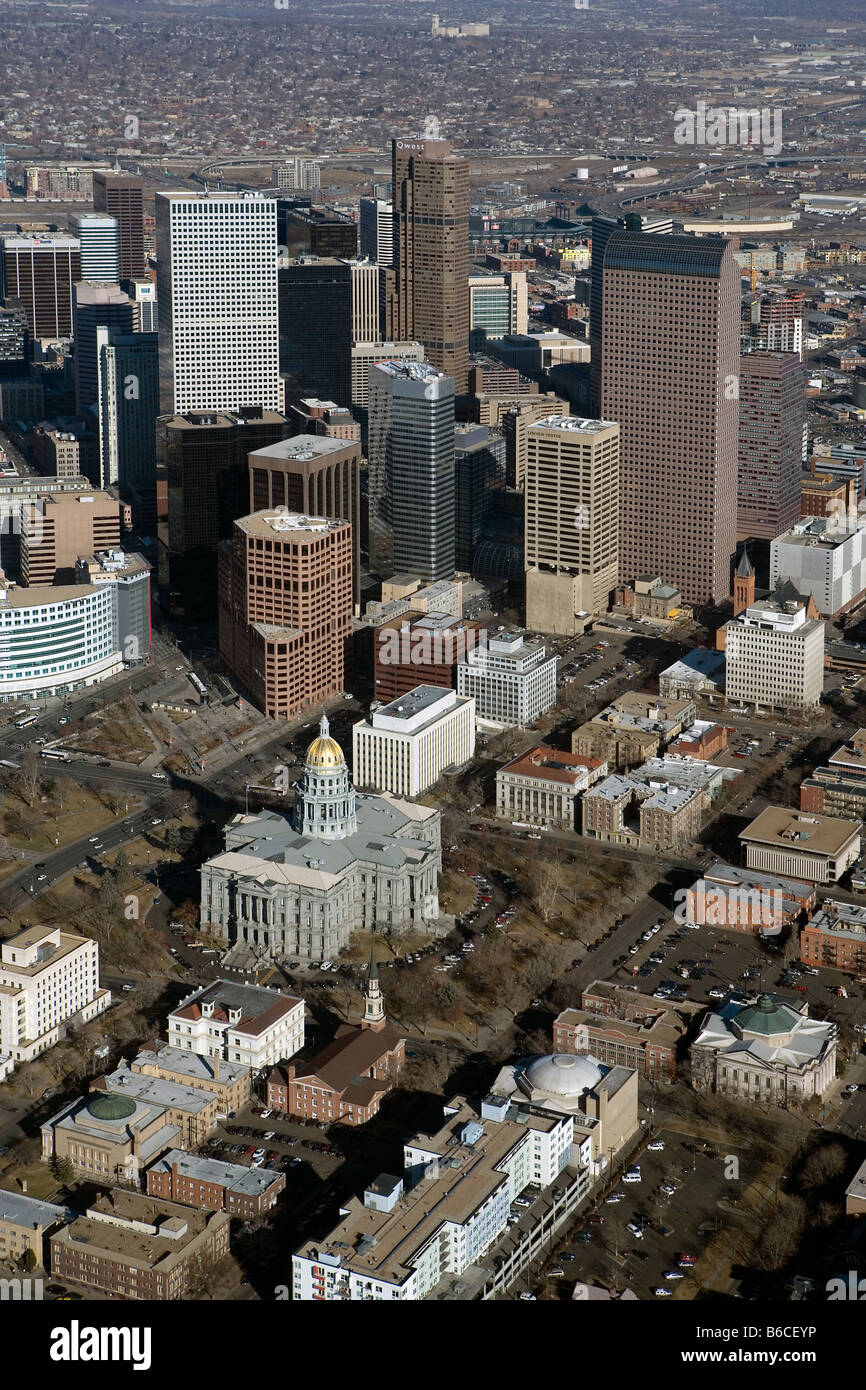 aerial view above Denver Colorado capitol building and skyline Stock Photo