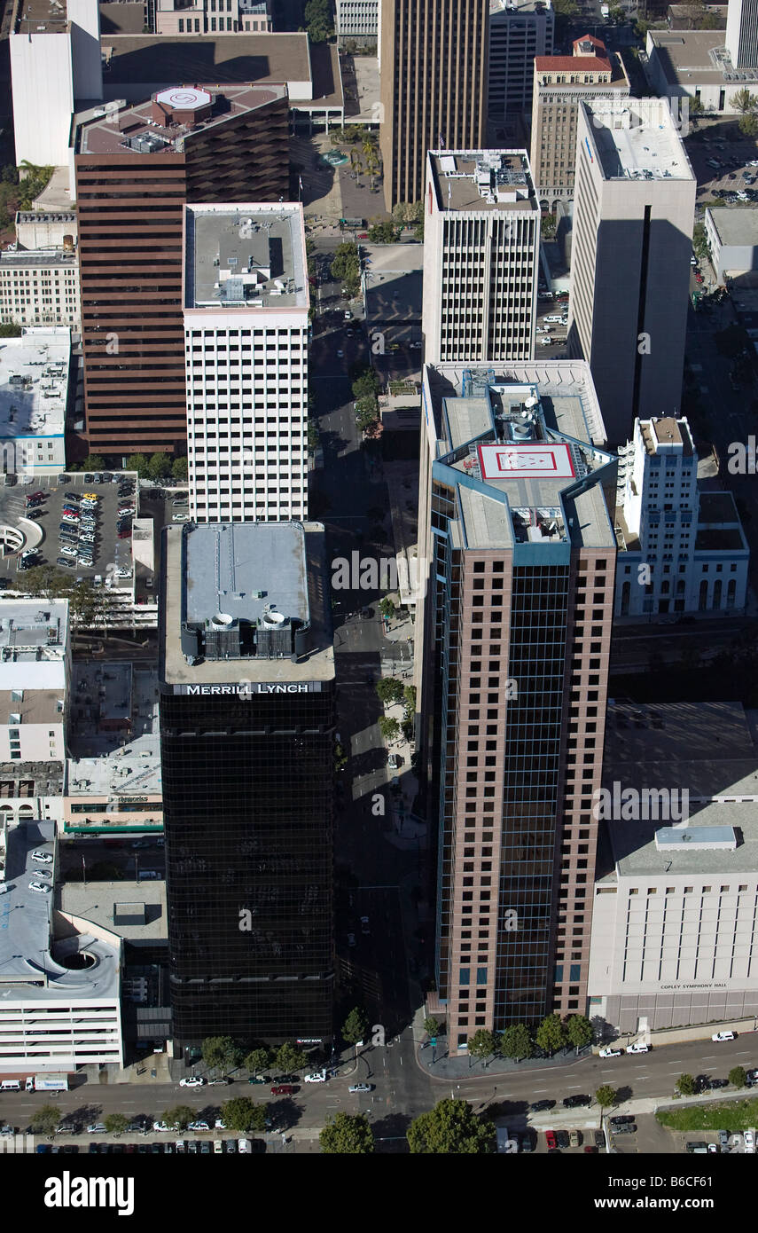 aerial view above skyscrapers in San Diego including Merrill Lynch ...