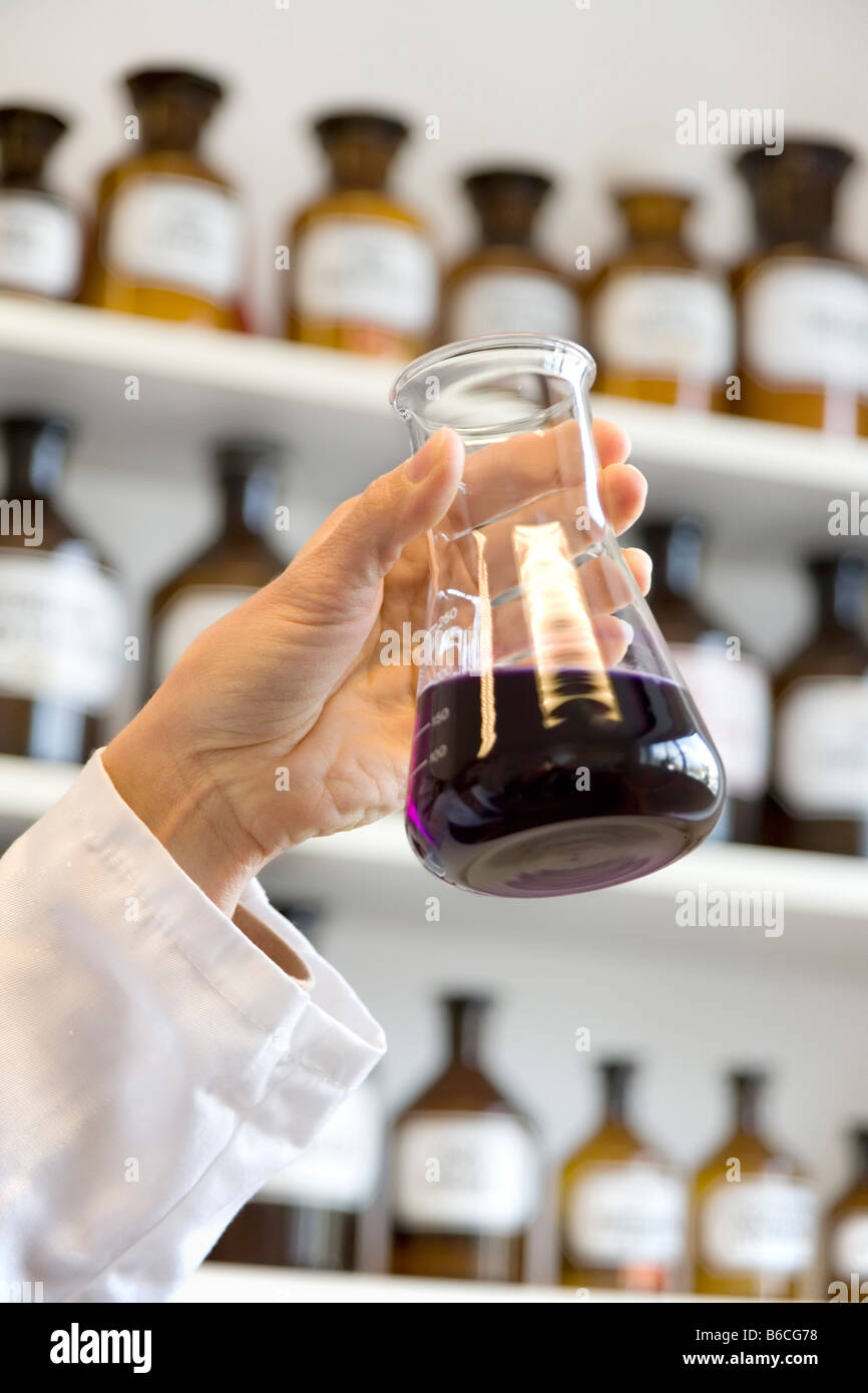 Scientist holding conical flask in laboratory Stock Photo