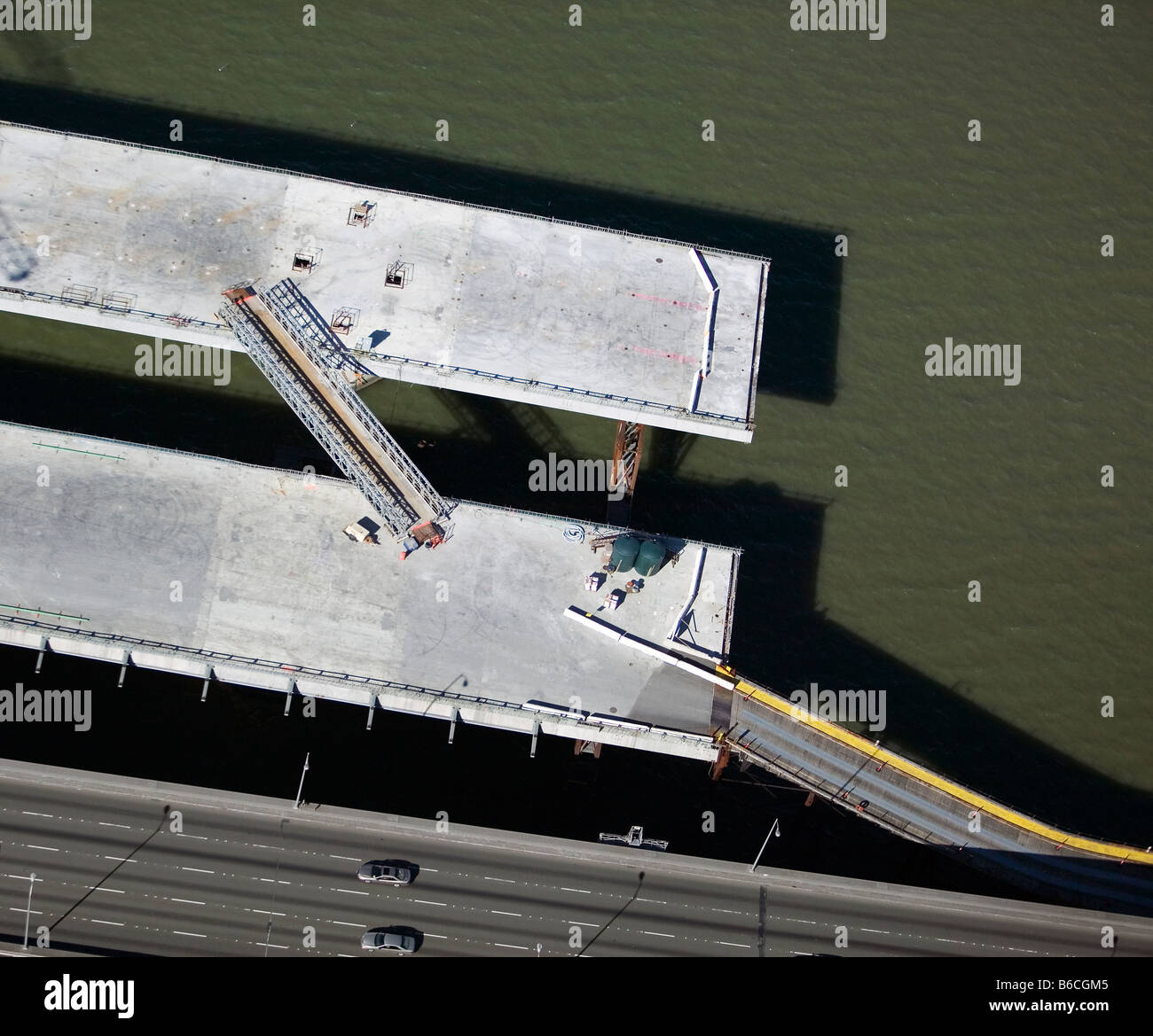 aerial view above construction of replacement span of San Francisco Oakland bay bridge Stock Photo