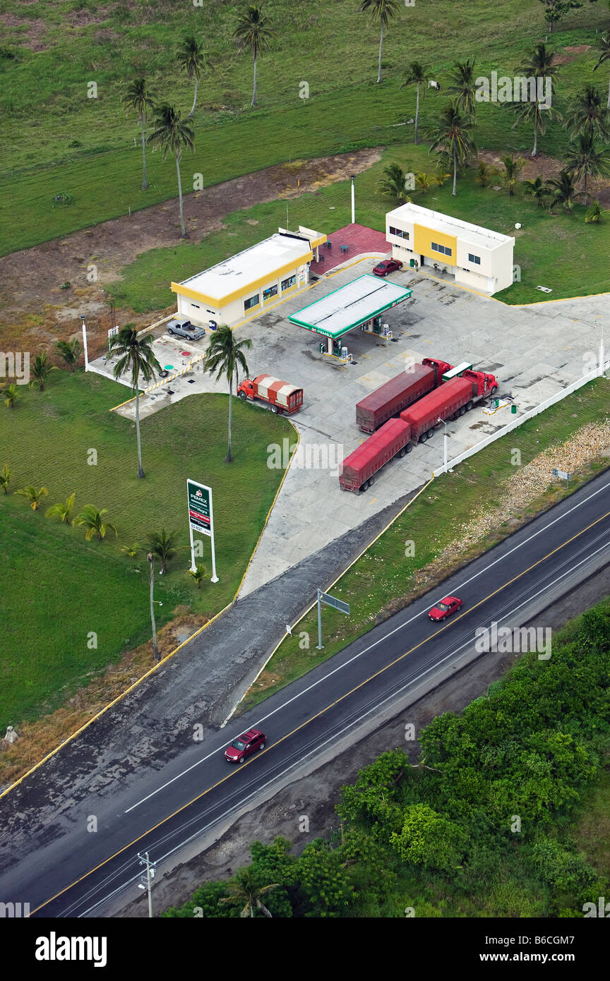 aerial view above PEMEX petrol gas filling station state of Tamaulipas Mexico Stock Photo