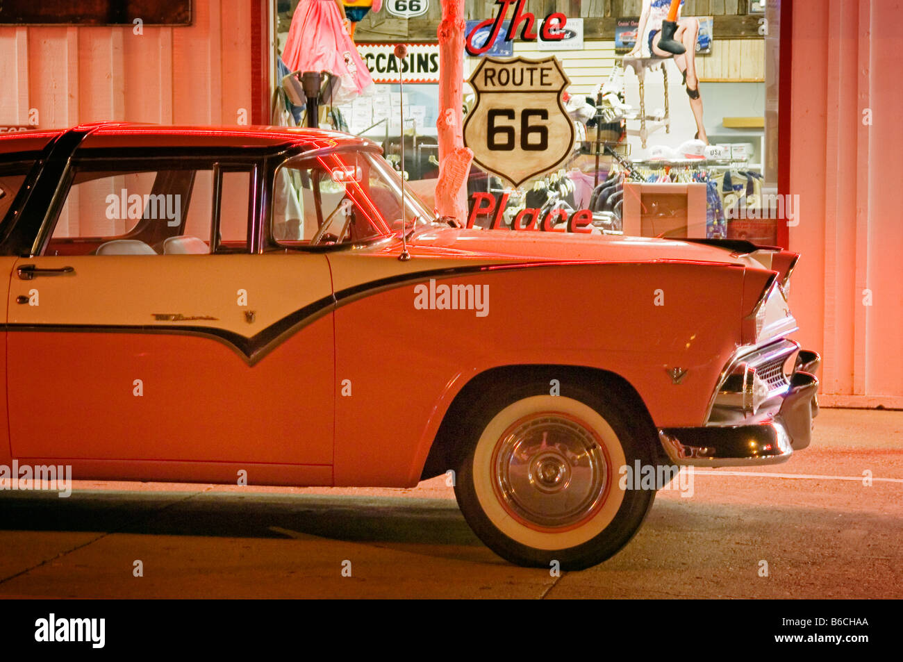 1956 Ford on display at The Route 66 Place and Twisters Soda Fountain on historic Route 66 in Williams Arizona Stock Photo