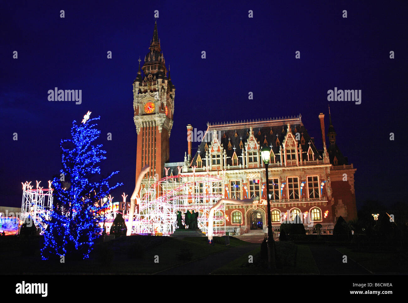 France, Calais At Christmas, Town Hall Stock Photo
