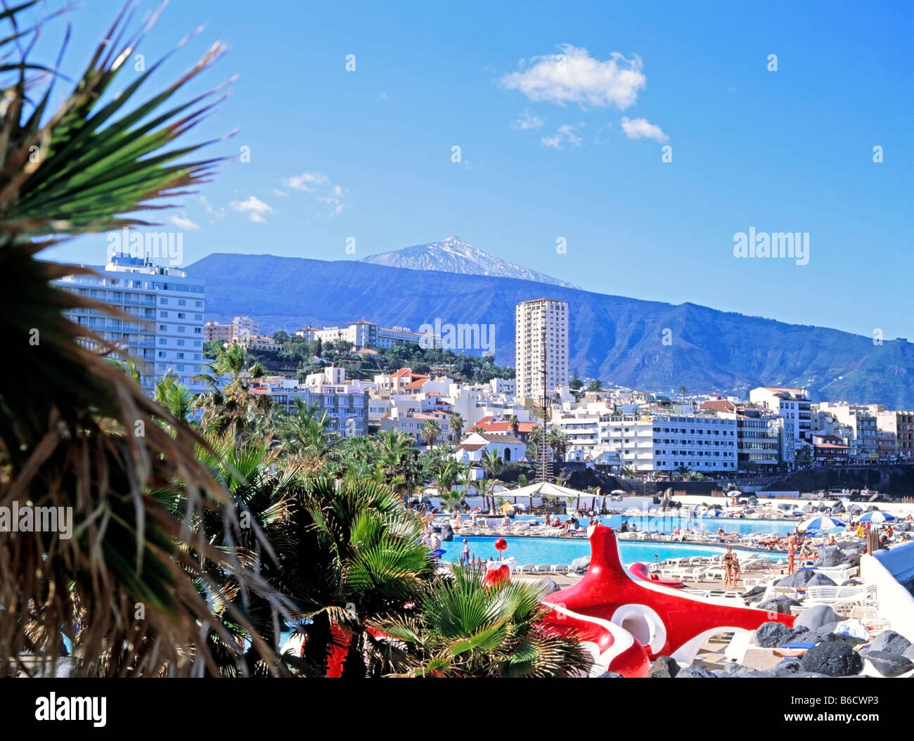 Spain, Canaries, Tenerife, Puerto De La Cruz, Teide From Lido Stock Photo