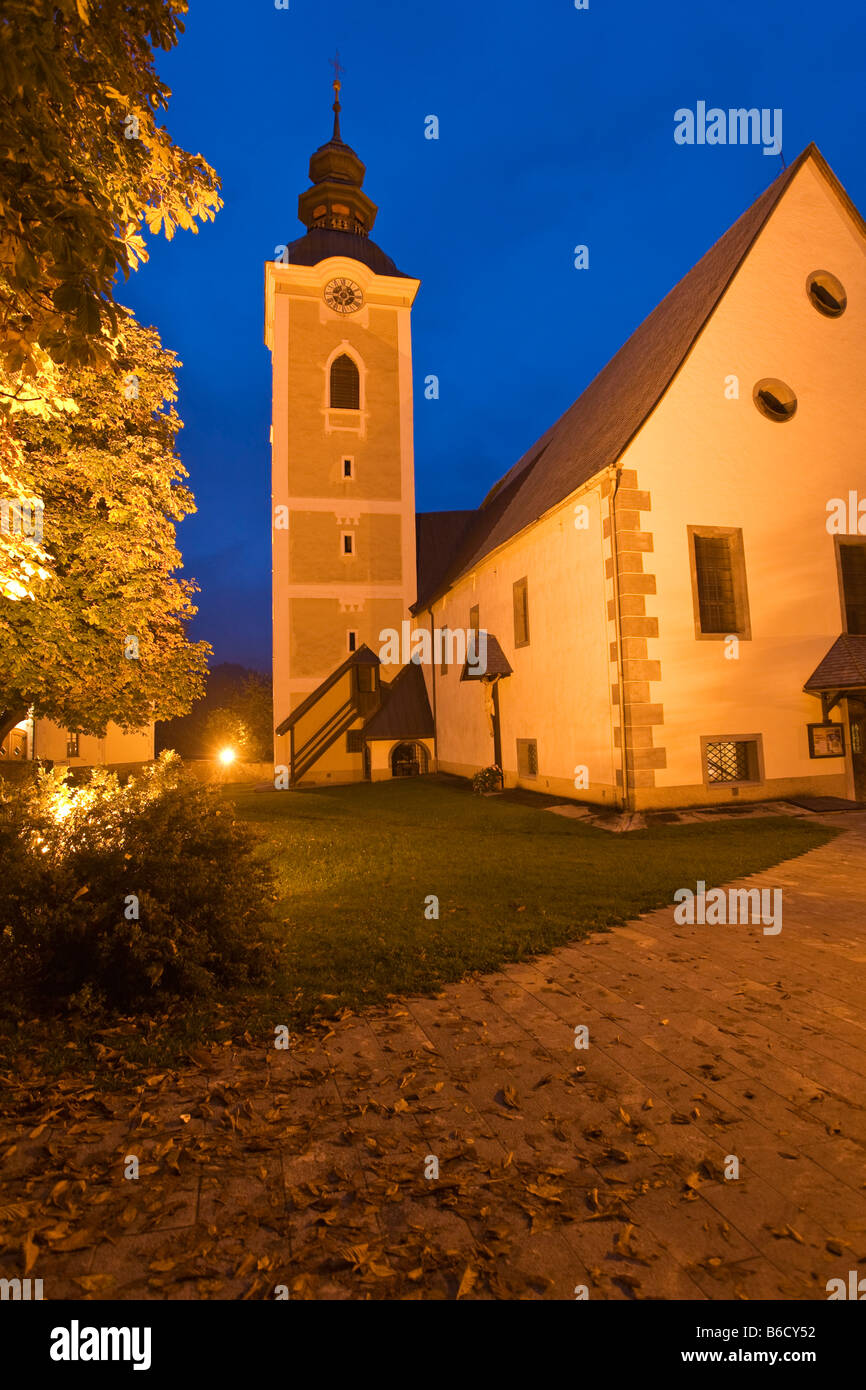 Parish church lit up at dusk, St. Leonhard, Metnitz, Carinthia, Austria Stock Photo