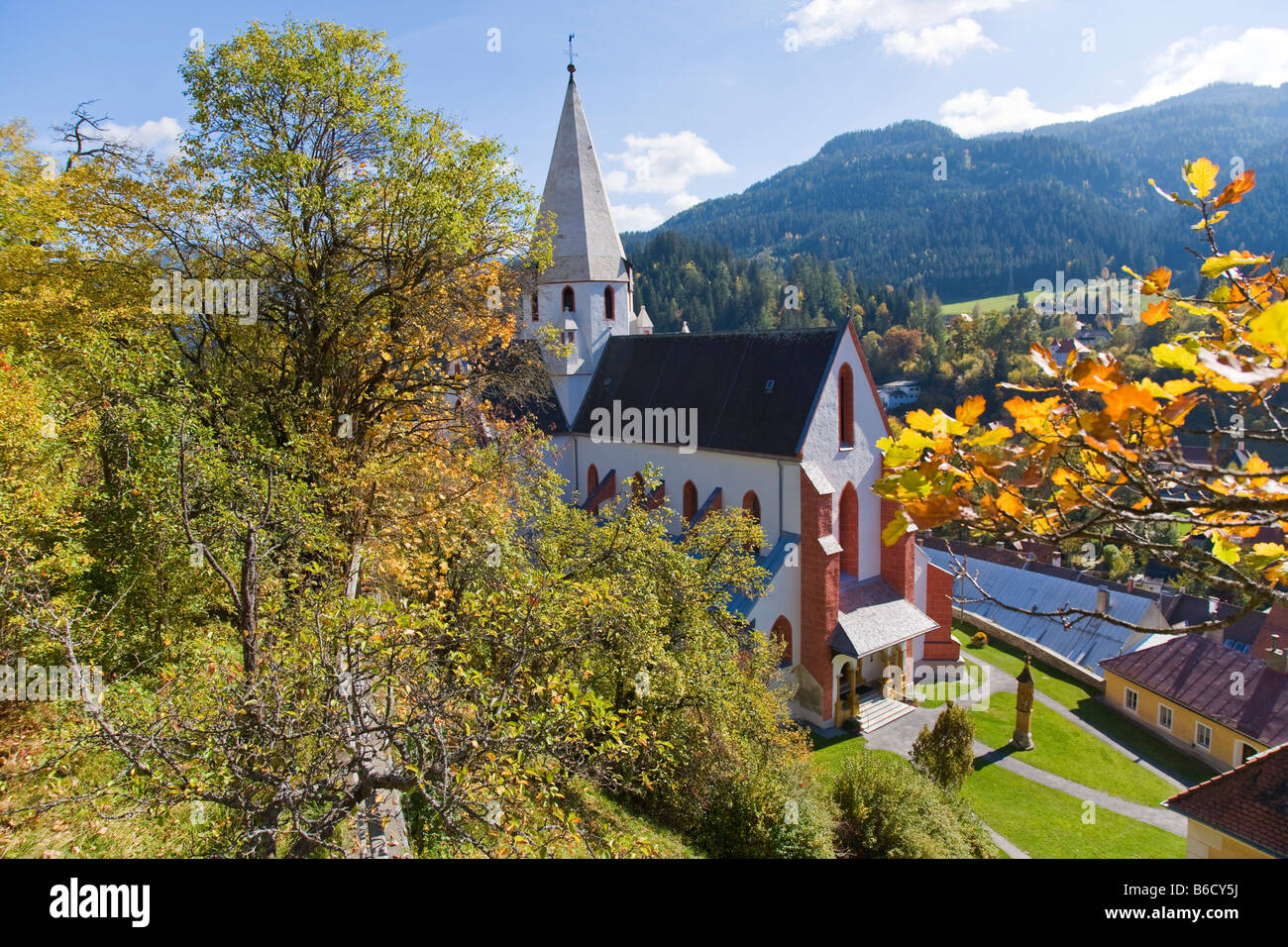 High angle view of church in town, Stadtpfarrkirche, Murau, Styria, Austria Stock Photo