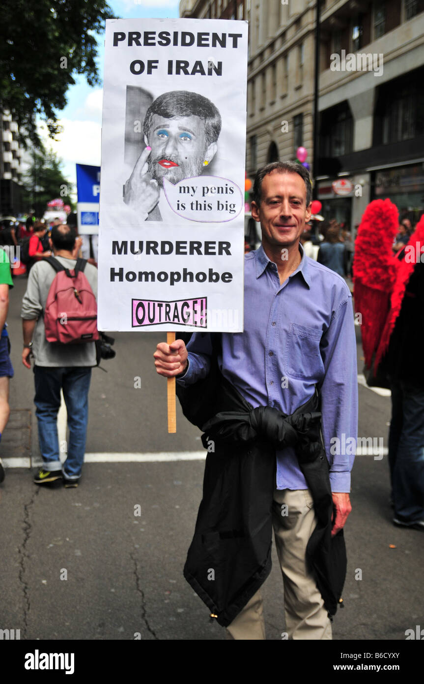 Gay rights campaigner Brian Tatchell holds a gay rights poster at Gay Pride London 2008 Stock Photo