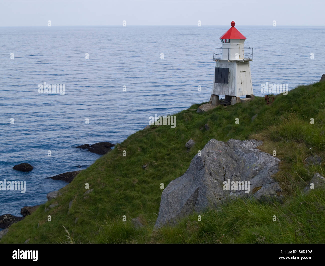 Lighthouse on coast, Eggum, Lofoten, Nordland County, Norway Stock Photo