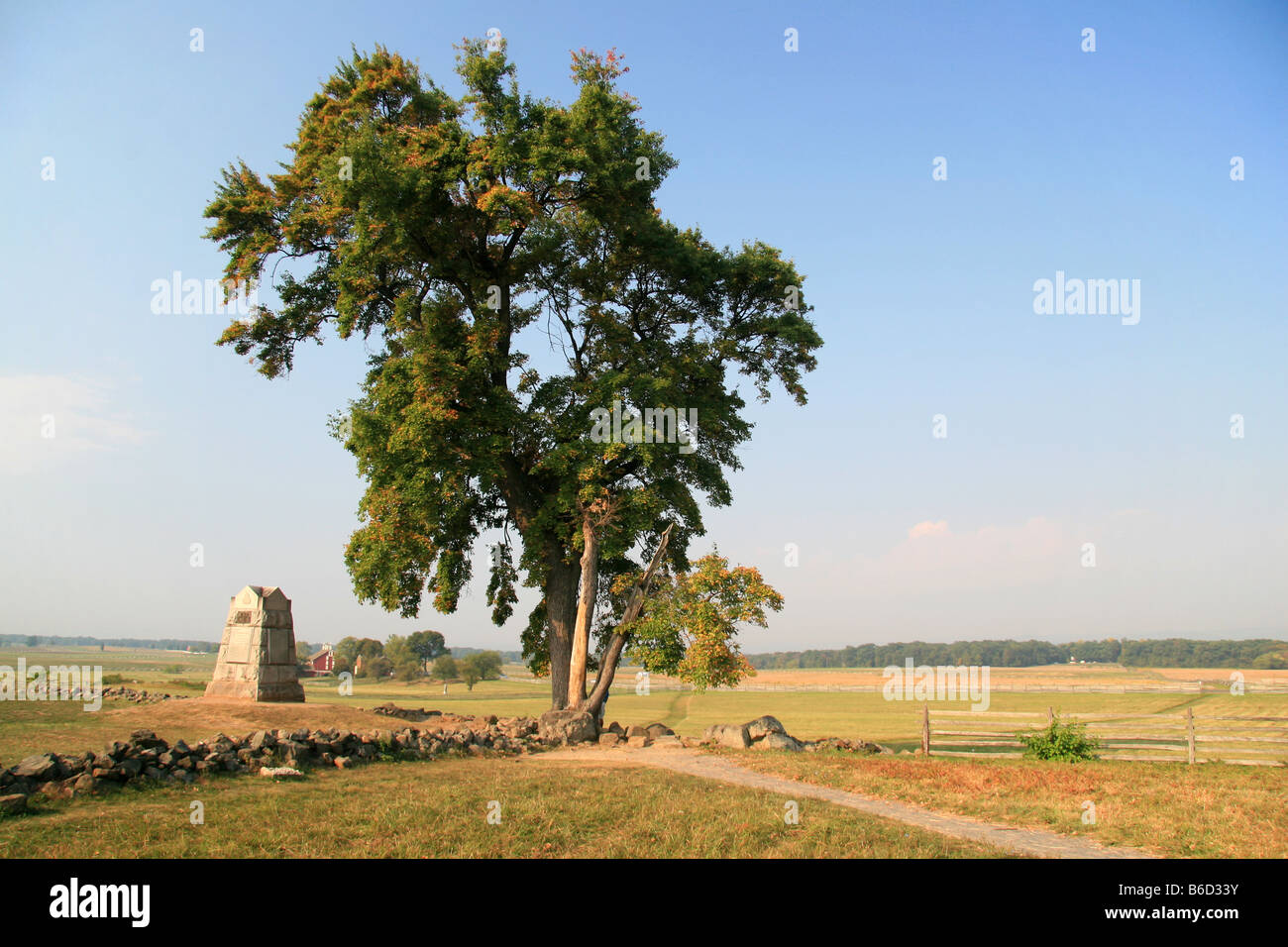 The tree shown marks The Angle which sits on the High Water Mark, Cemetery Ridge, Gettysburg National Military Park. Stock Photo