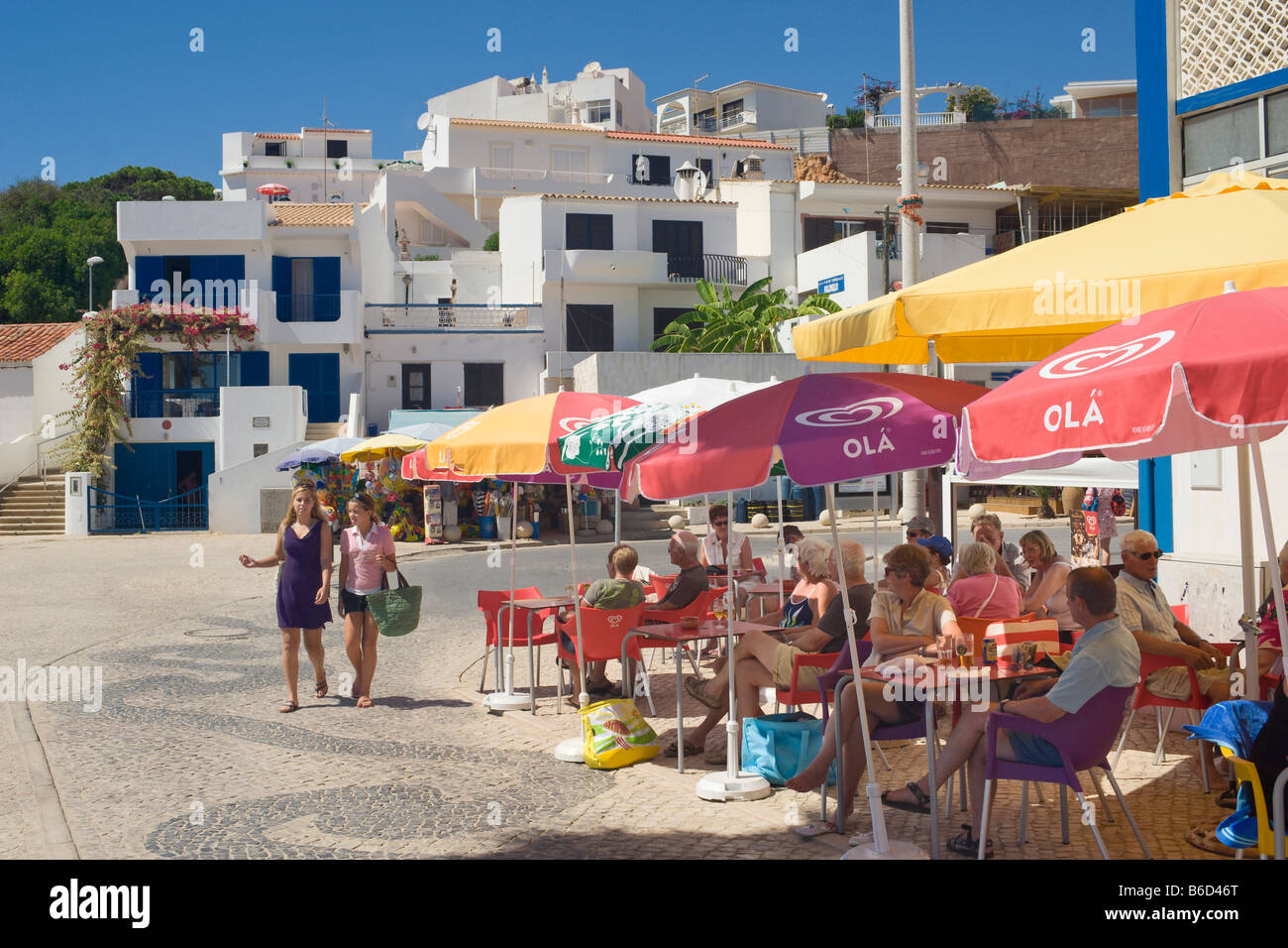 Café At Olhos D'agua With The Village Behind Stock Photo