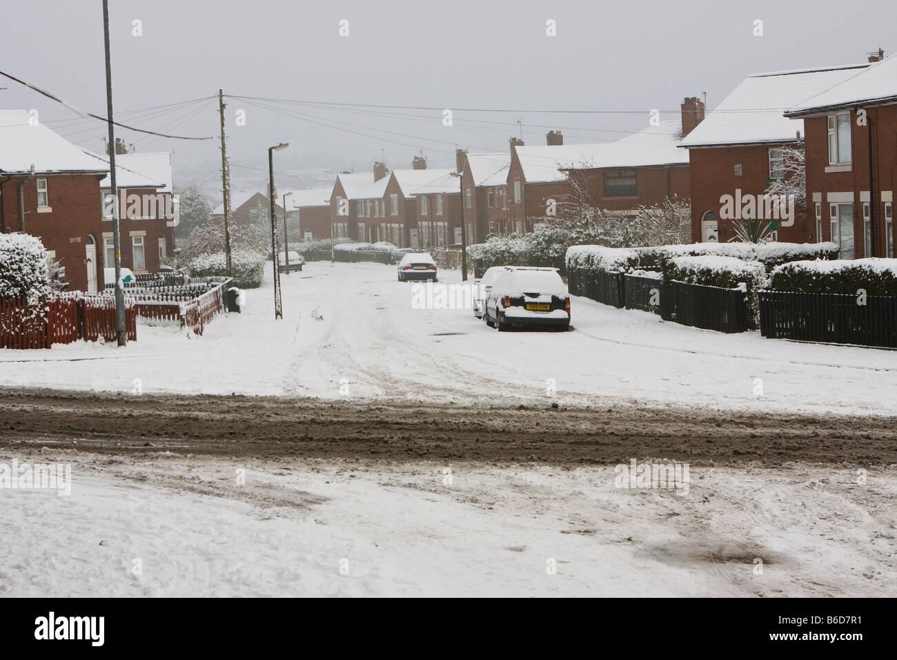 Snow scene on a Lancashire council estate Stock Photo Alamy