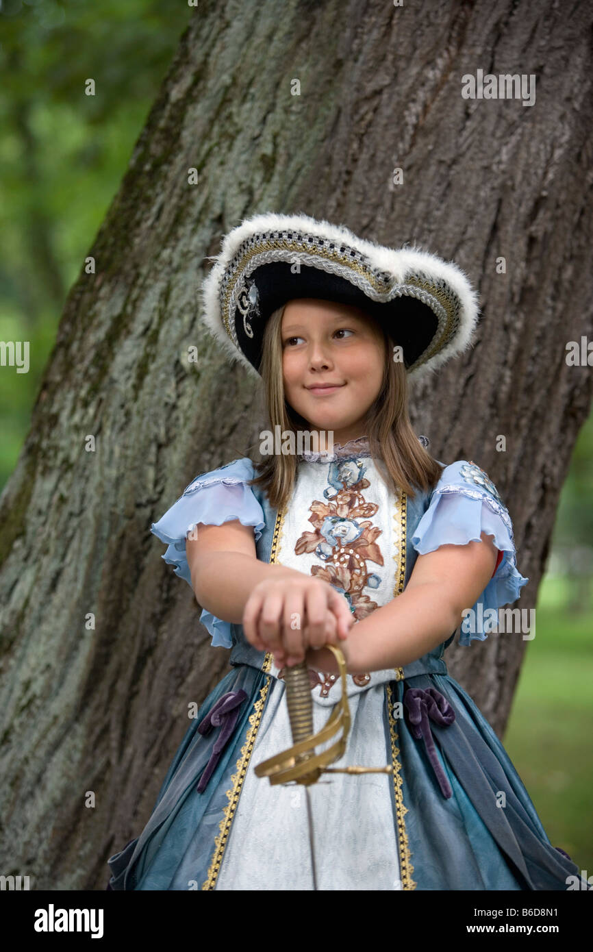 Russia, Saint Petersburg, Garden of Peterhof, Girl dressed as empress Stock Photo