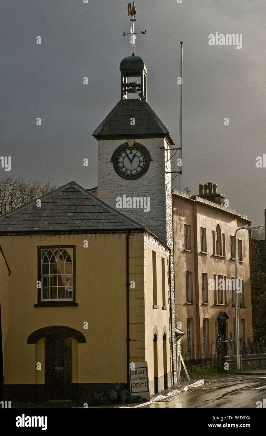 Laugharne Town Hall in Carmarthenshire Wales after a heavy rain shower Stock Photo