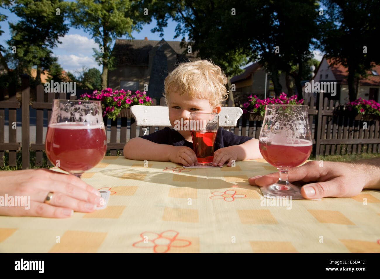 Bjarne in the beer garden in the pub Gasthof Mocho Stock Photo