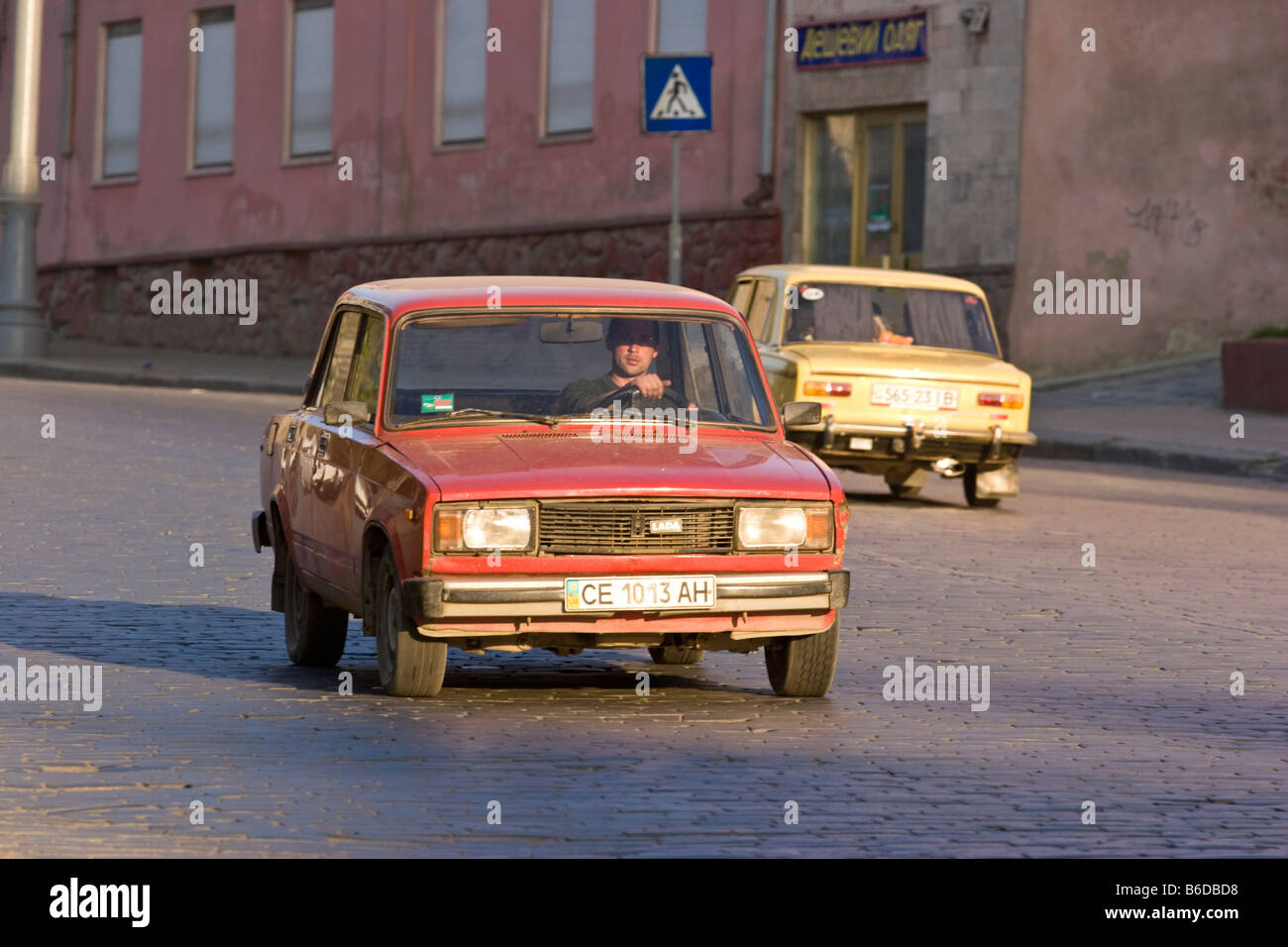 Very old russian taxi Cernivci, Ukraine. Stock Photo