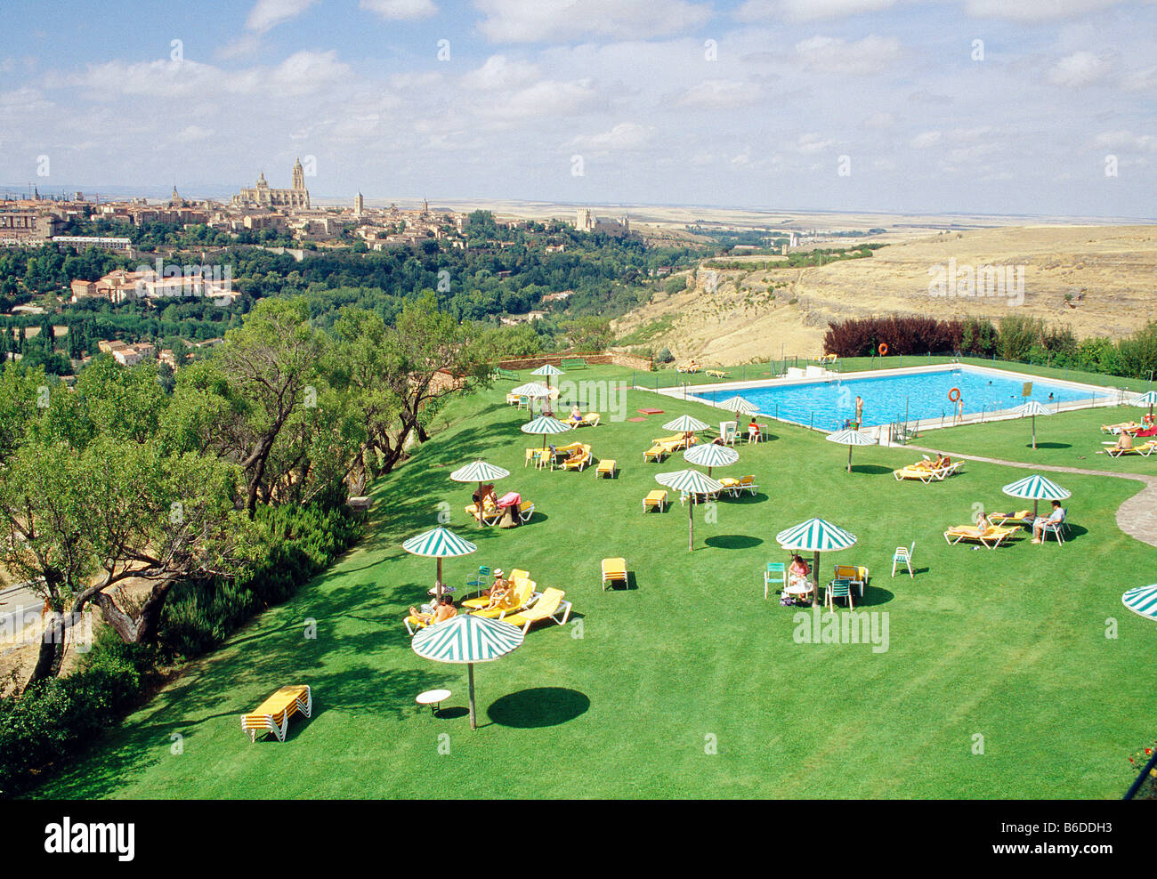 People in the swimming pool. Parador Nacional. Segovia. Castile Leon. Spain. Stock Photo