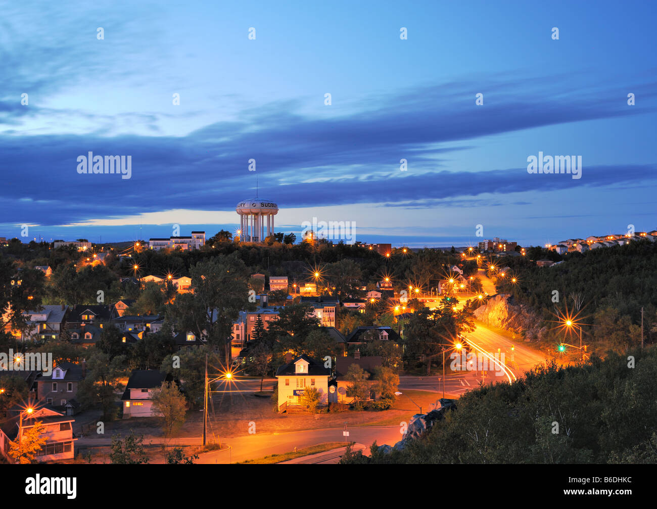 Part of downtown Sudbury, Ontario, Canada with the water tower in the background Stock Photo