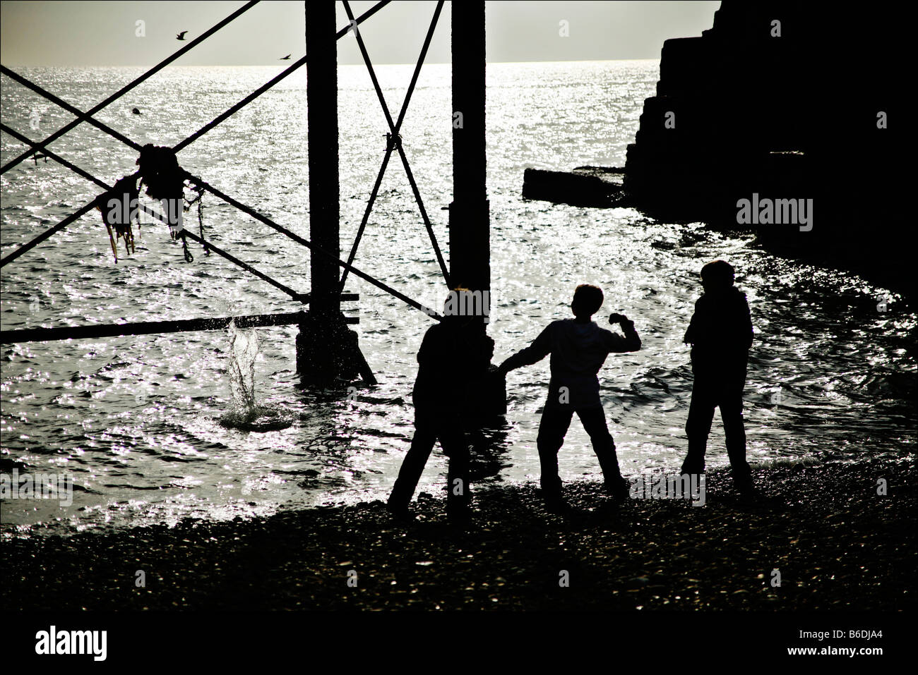 silhouette boys skimming rocks under Brighton pier Stock Photo Alamy