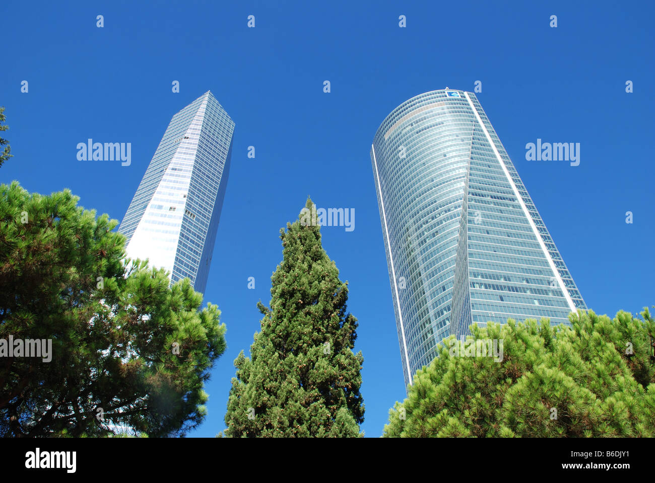 Tower Cristal and Tower Espacio viewed from below. Madrid. Spain. Stock Photo