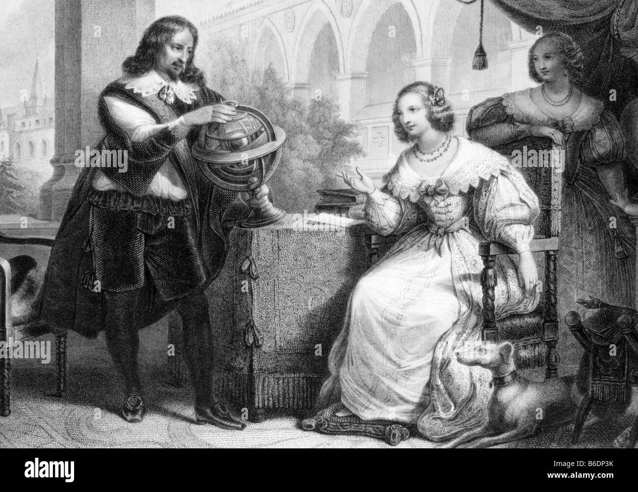 QUEEN CHRISTINA OF SWEDEN displays her interest in Science in this 18th century engraving Stock Photo