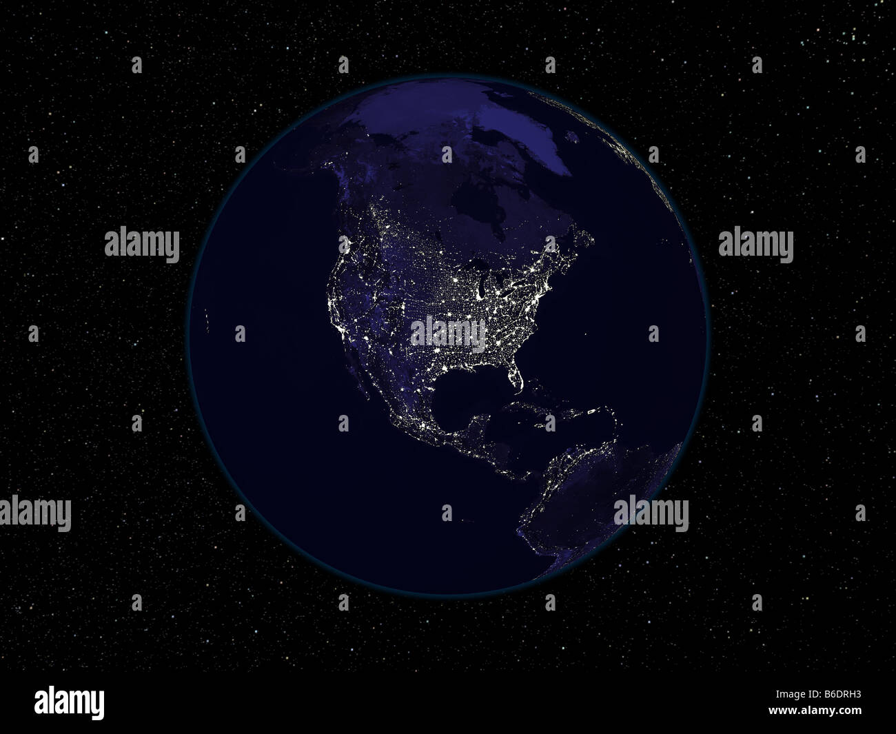 North America at night. Composite satellite image of the lights of North America (centre) at night. Stock Photo