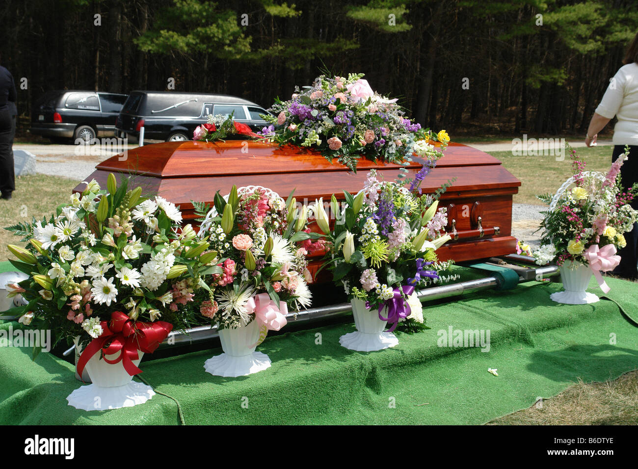 Wooden Casket and Flowers in a Cemetery Copy Space Stock Photo Alamy