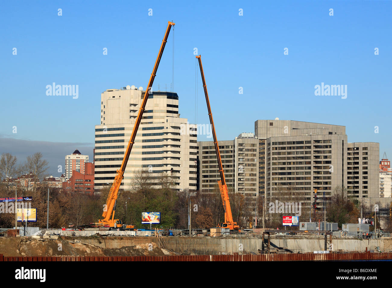 Construction works on embankment of Moskva river, Moscow, Russia Stock Photo