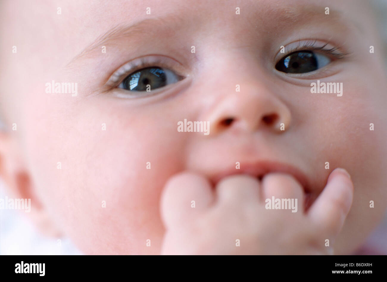 Baby Face Of A 4 month old Baby Girl With Her Hand In Her Mouth Stock