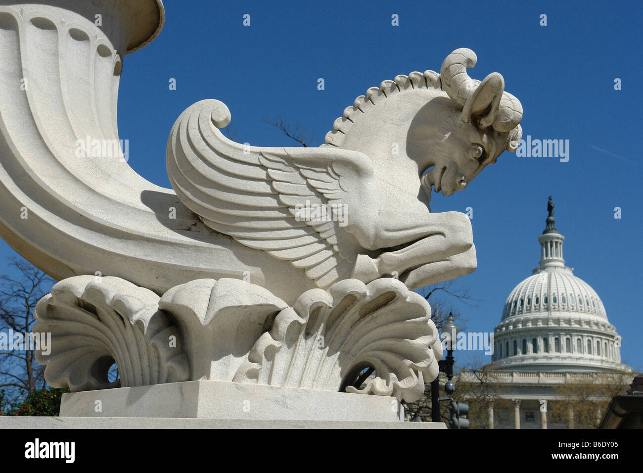 Statue and United States of America Capitol Building on a Bright Sunny Day Washington DC USA Stock Photo