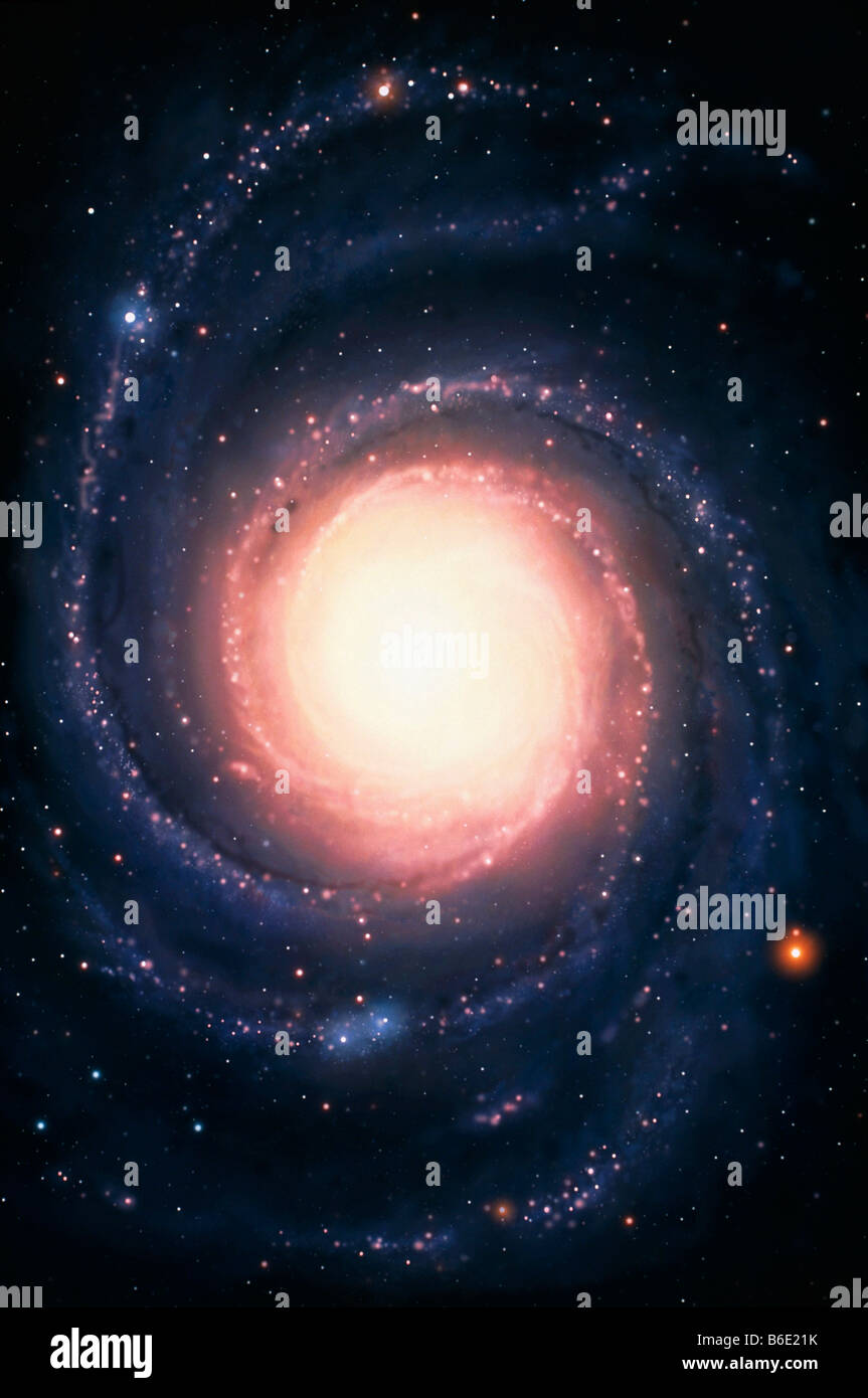 Spiral galaxy, with a yellow nucleus (centre)surrounded by its spiral arms Stock Photo
