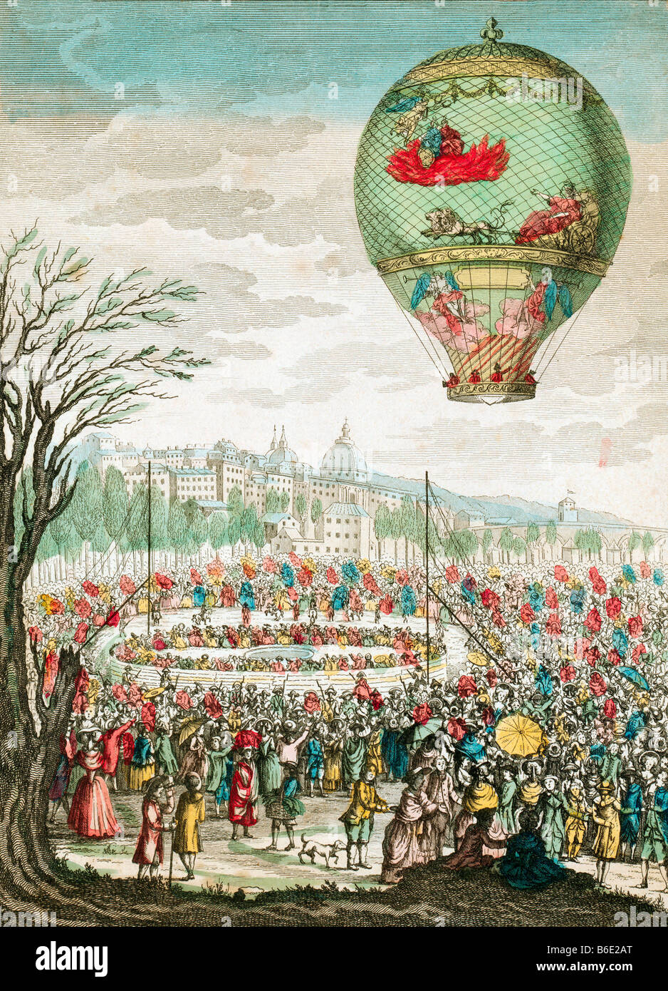 Early hot air balloon flight. This balloon, Le Flesselles, ascended over Lyon, France, on 1 January 1784. Stock Photo