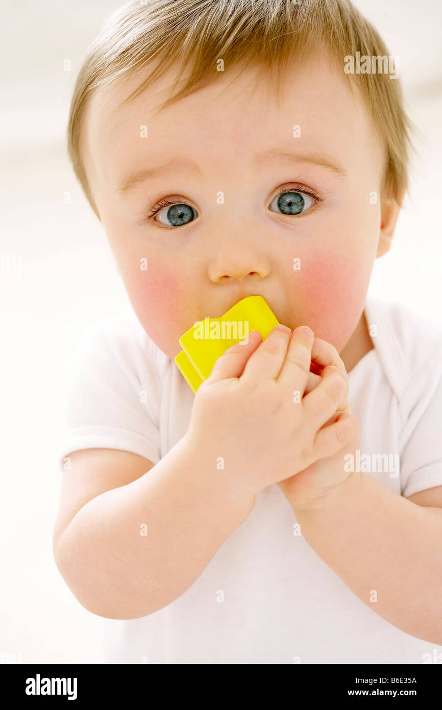 Baby boy chewing on toy block Stock Photo