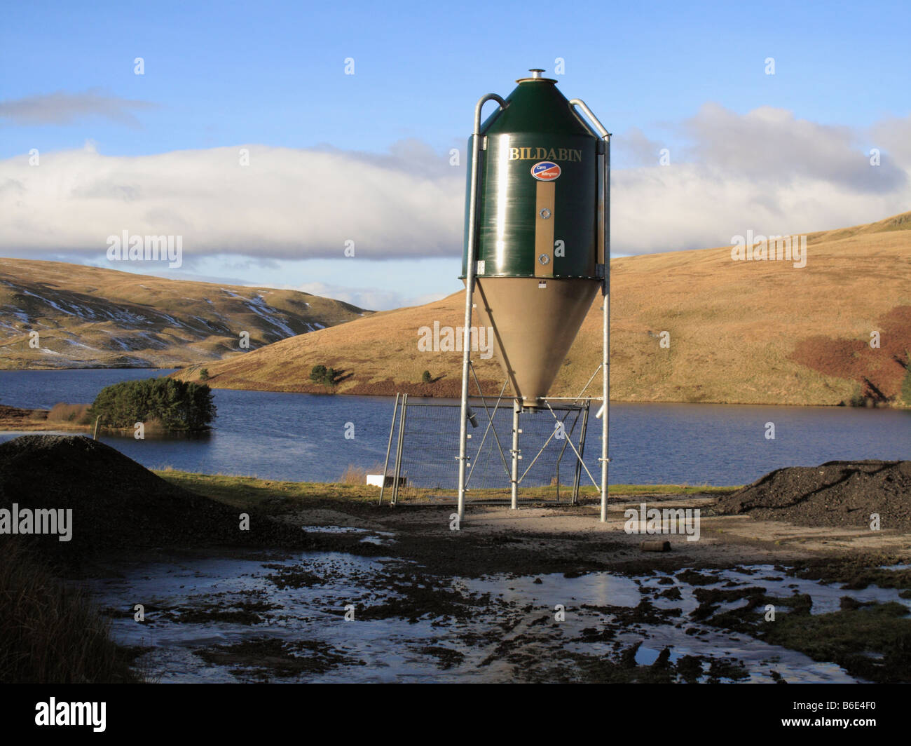 Bulk animal feeder at Upper Glendevon reservoir in the Ochil hills