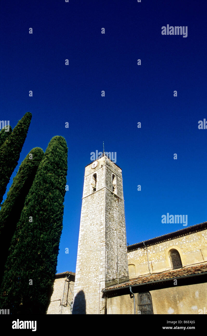 The medieval church tower of La Colle sur Loup near Saint Paul de Vence