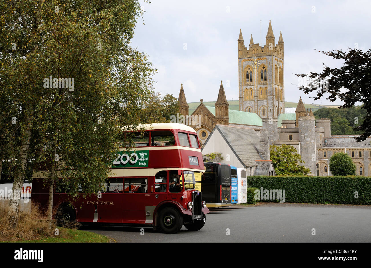 Double decker tour bus at Buckfast Abbey Buckfastleigh Devon England UK Stock Photo Alamy