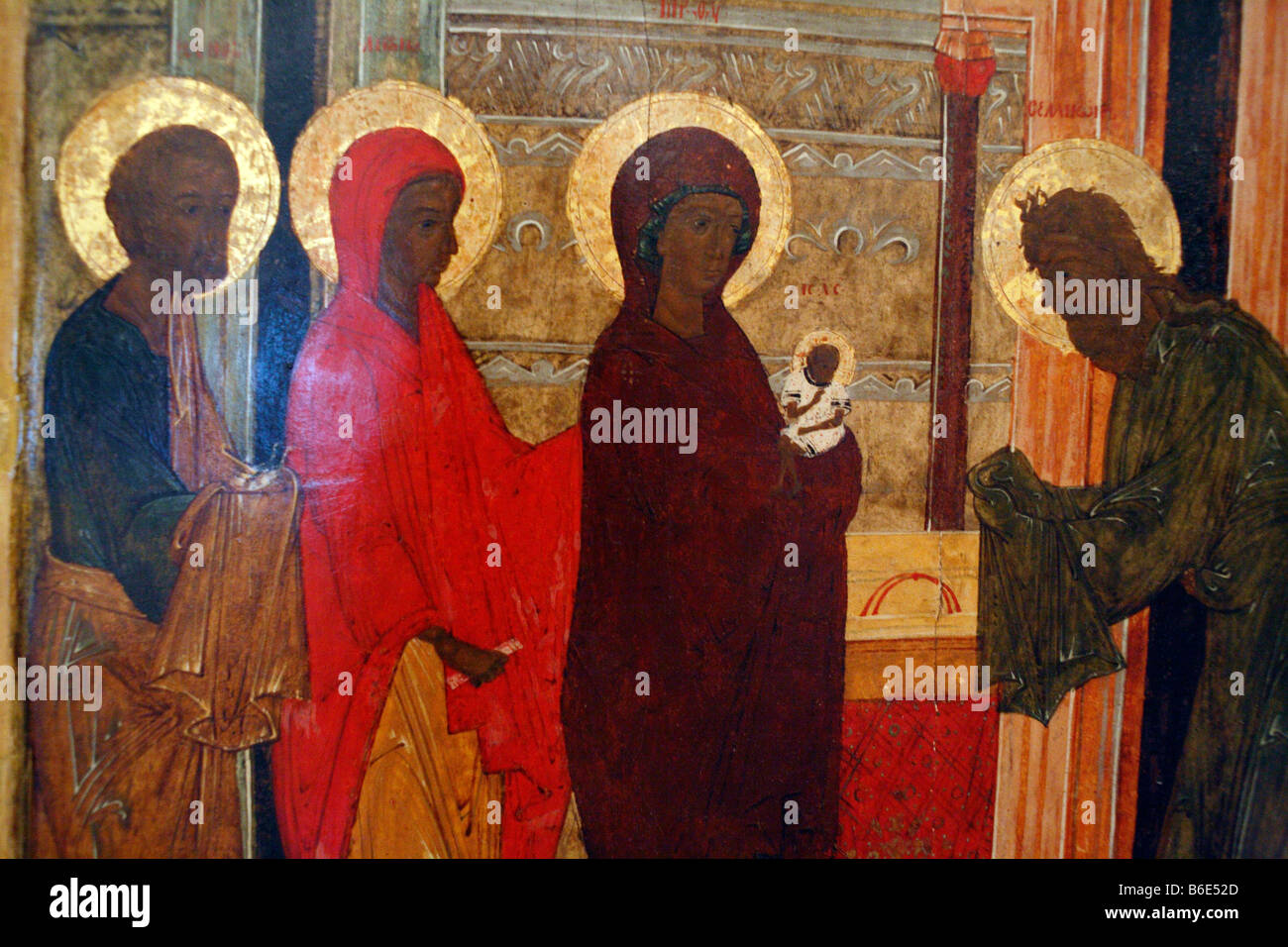 Purification of Virgin Mary, Russian Icon, religious art, saint, city museum Pskov, Russia Stock Photo