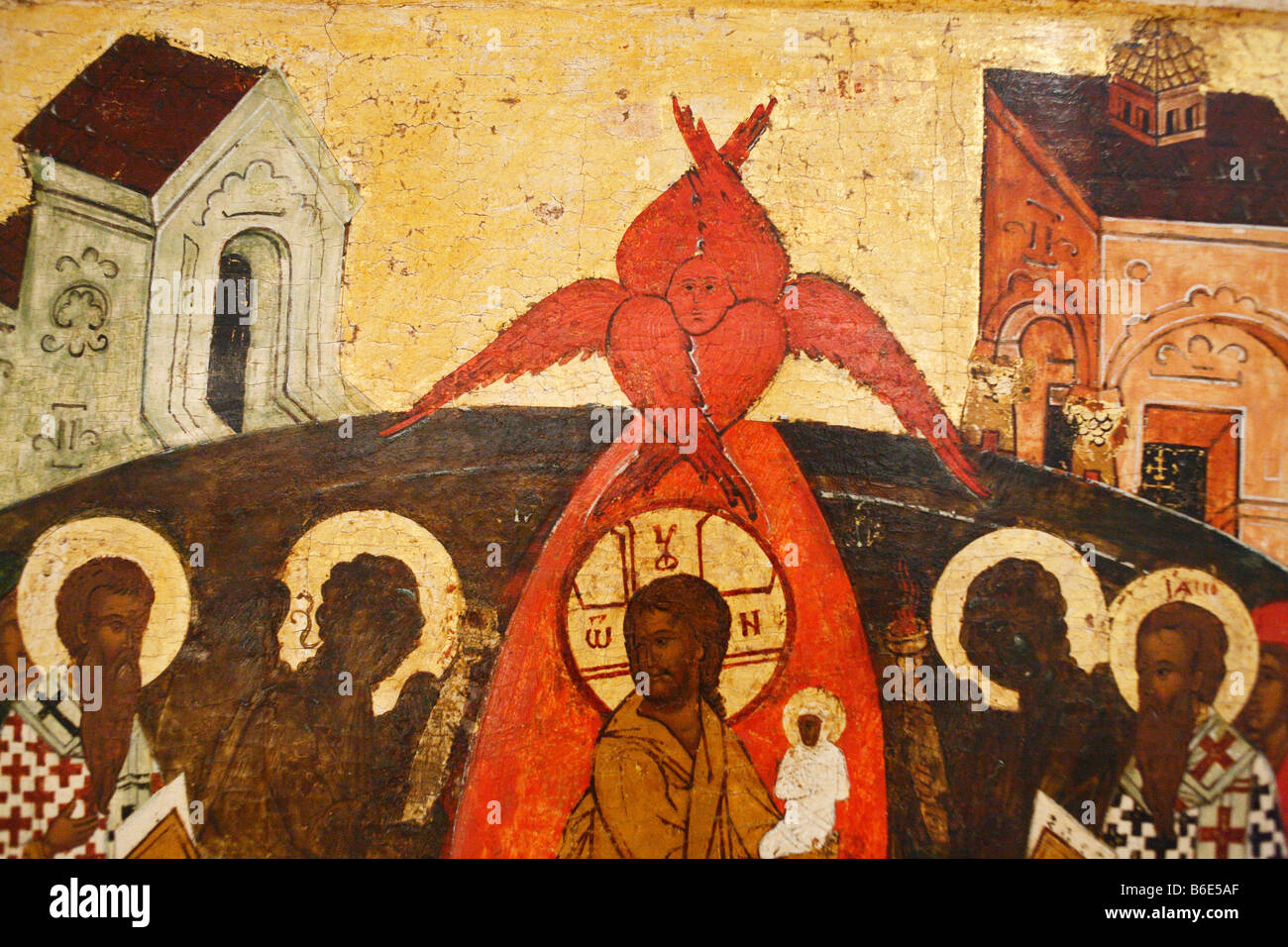 Dormition, Russian Icon, religious art, saint, city museum Pskov, Russia Stock Photo
