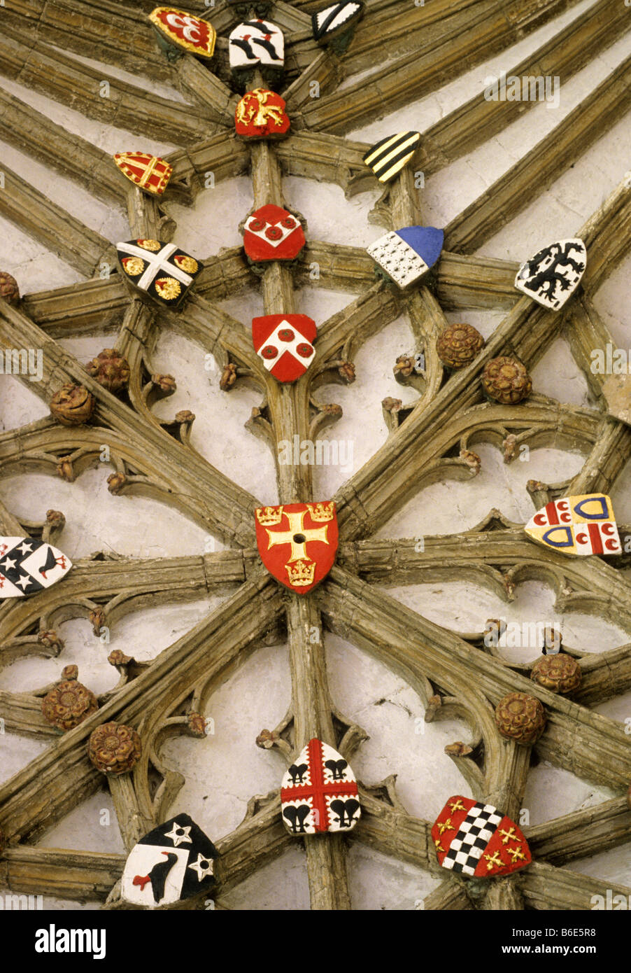 Canterbury Cathedral Cloisters medieval stone roof vaulting heraldic shields bosses vault English architecture Kent England UK Stock Photo