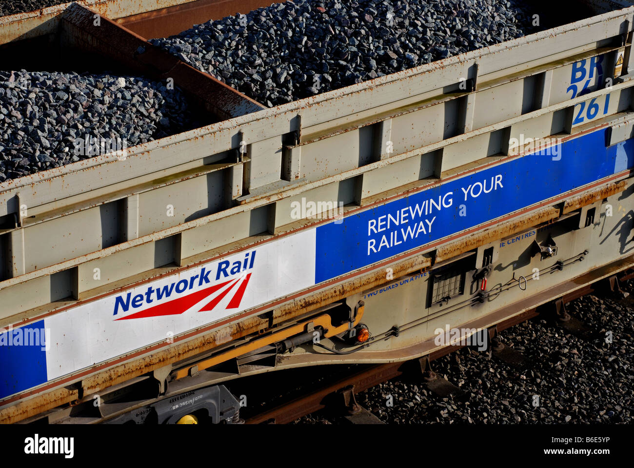 Network Rail loaded ballast wagon at Hinksey Yard, Oxford, England, UK Stock Photo