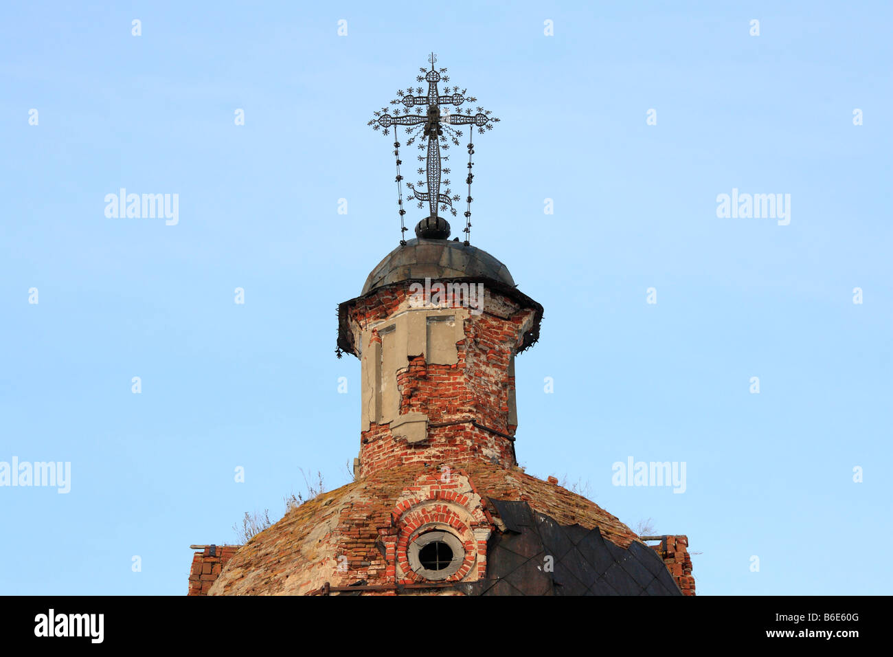 Religious architecture, Cross on the top of the dome, abandoned rural church, Tatarstan, Russia Stock Photo