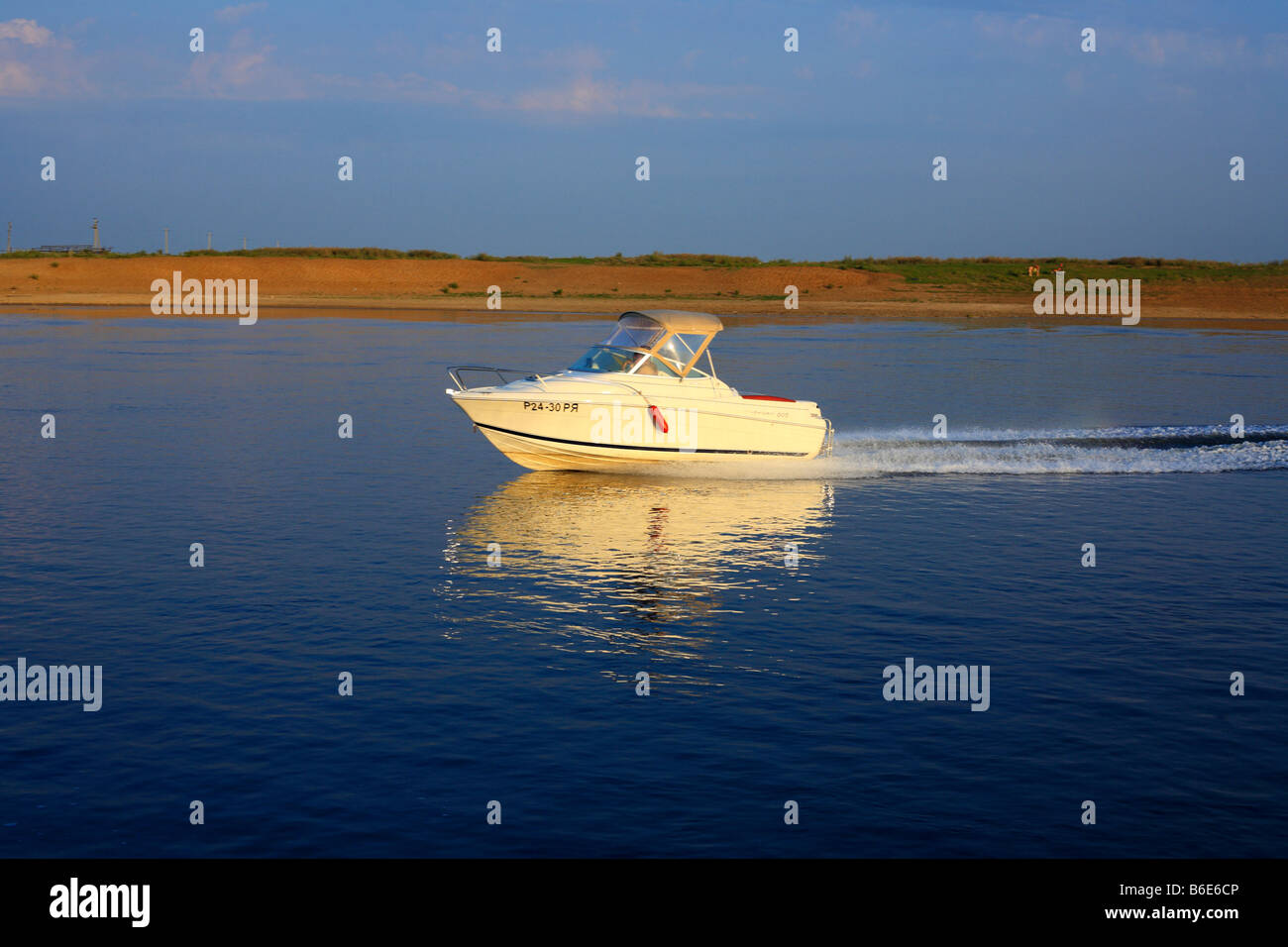 Motor boat ship, speed, reflection, Oka river, Ryazan region, Russia Stock Photo