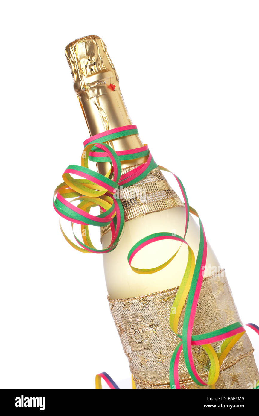 Champagne bottle with ribbons for celebrations isolated on white