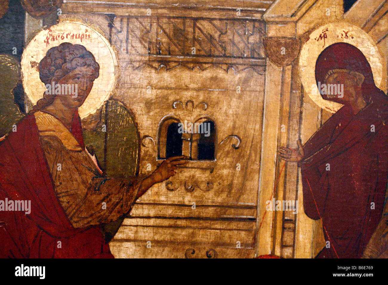 Annunciation, Russian Icon, religious art, saint, city museum Pskov, Russia Stock Photo