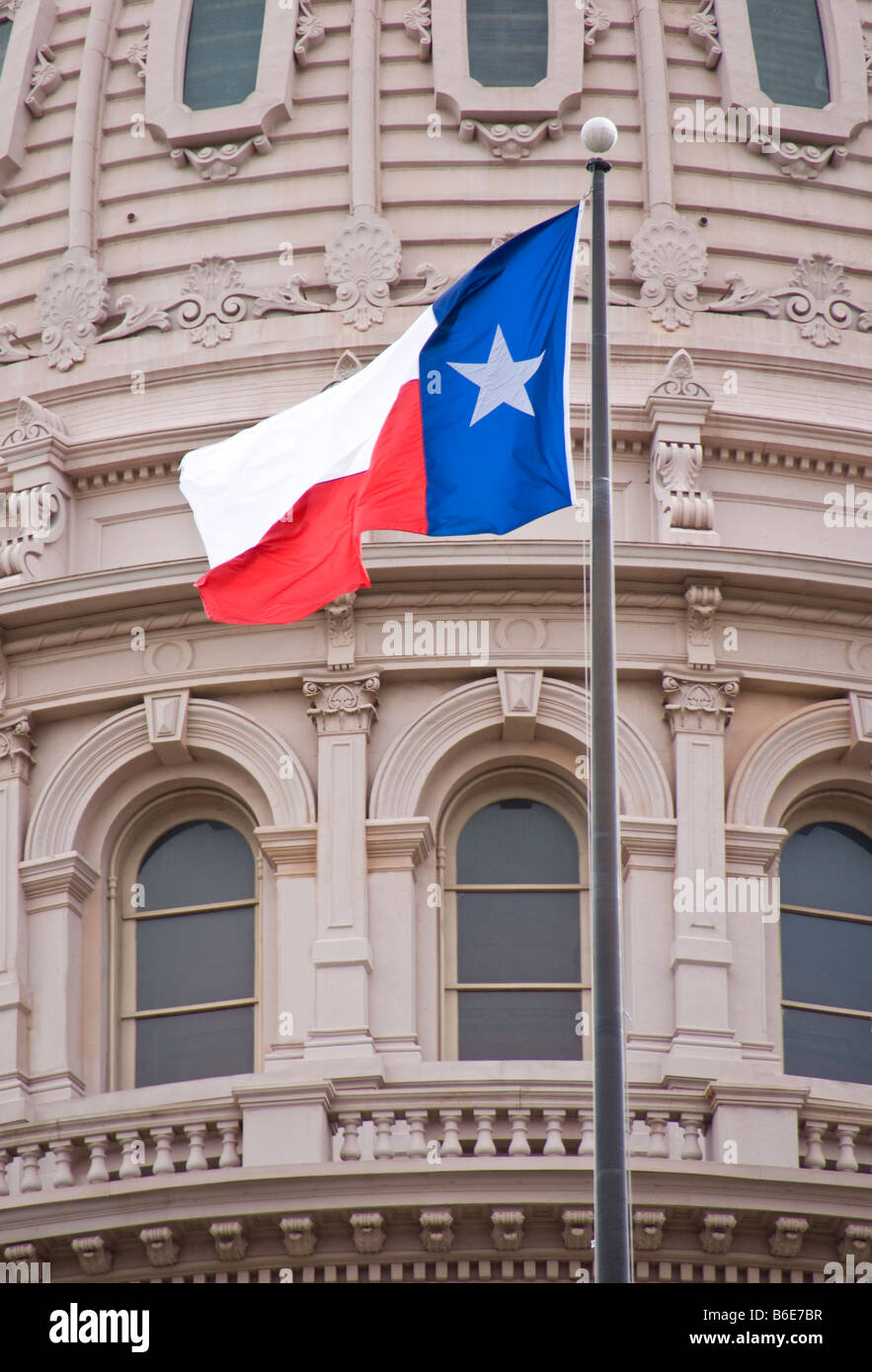 Texas State flag on State Capitol rotunda dome in Austin Stock Photo