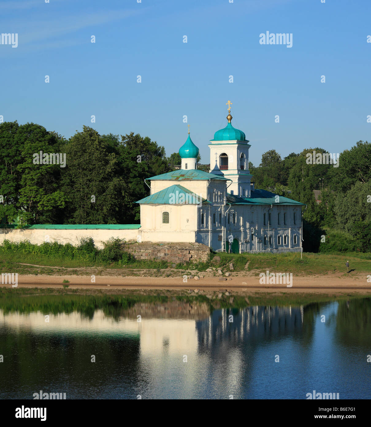 Mirozhsky monastery, view from river Velikaya, Pskov, Pskov region, Russia Stock Photo