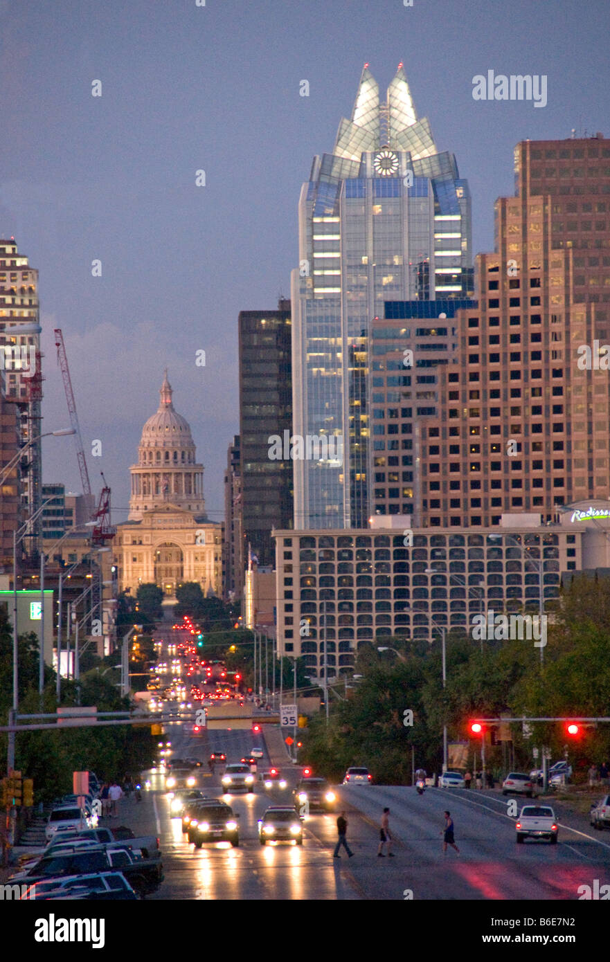 Texas State Capitol rotunda and downtown buildings viewed from South Congress Avenue  in Austin at night Stock Photo