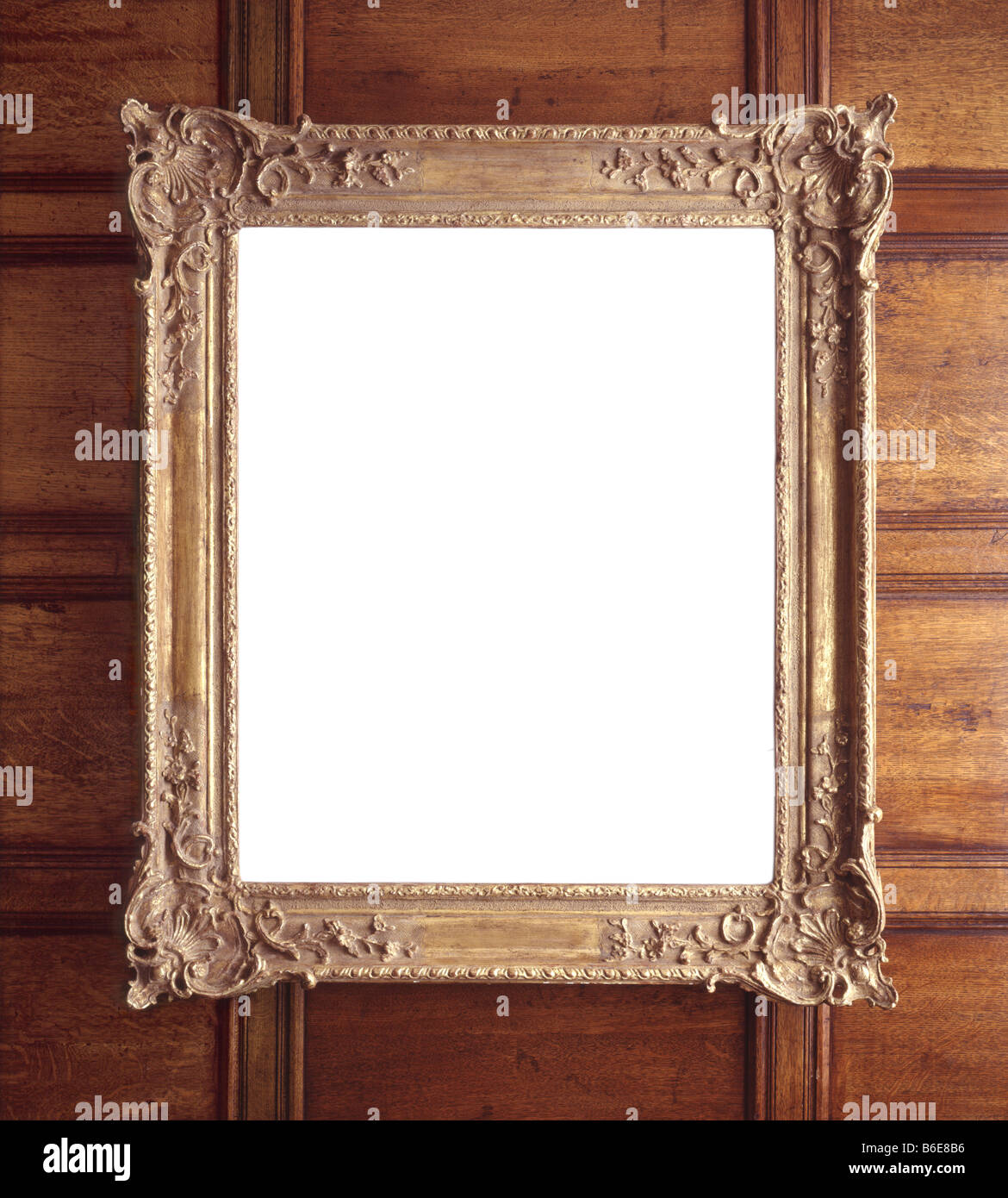 Ornate Gilt Picture frame on wooden paneling. Blank to add your own Picture! Stock Photo