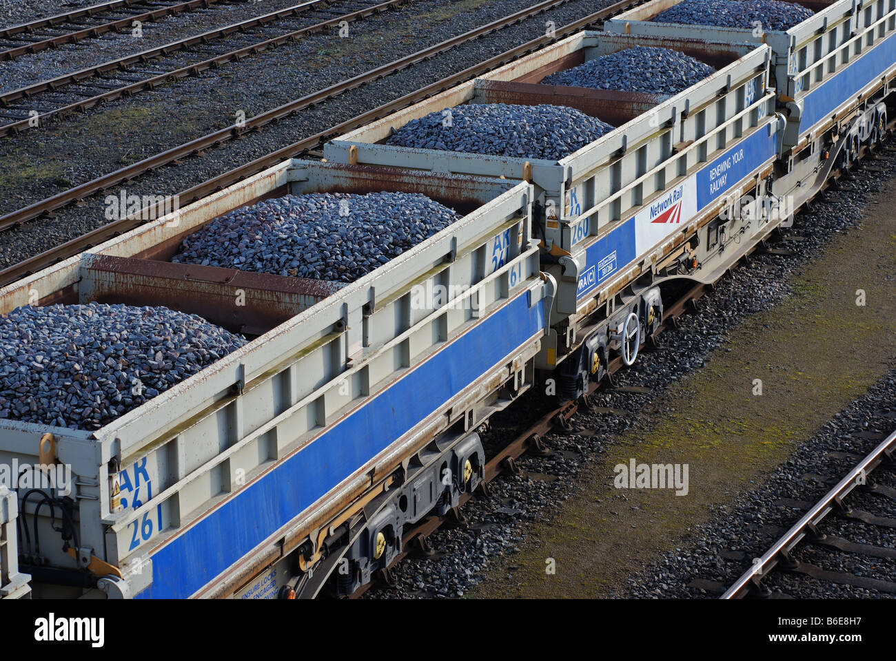 Network Rail loaded ballast wagons at Hinksey Yard, Oxford, England, UK